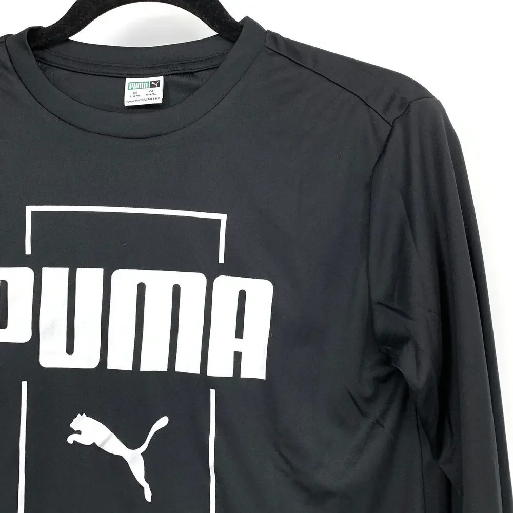 Puma Long Sleeve T-Shirt Boys Size L 14/16 Black White Logo Crew Neck